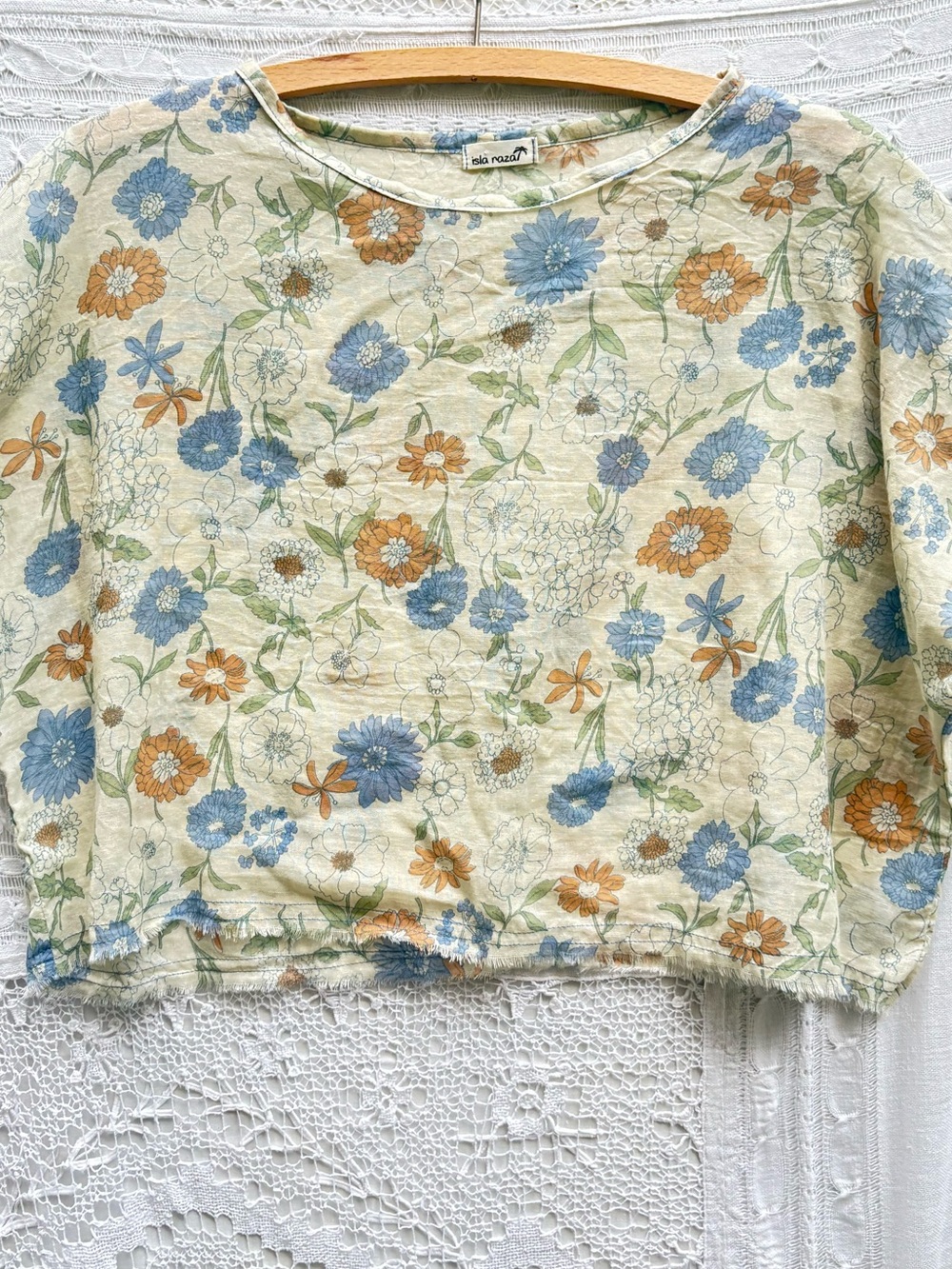 Vintage-Inspired Floral Crop Top in Blue & Tan Linen Blend Sheer XL - Picture 2 of 11